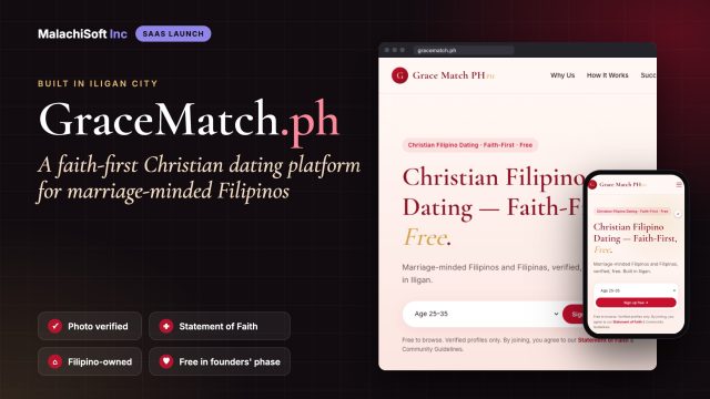 GraceMatch.ph, a faith-first Christian dating platform for marriage-minded Filipinos built in Iligan City by MalachiSoft, shown on desktop and mobile with photo verification, Statement of Faith, Filipino-owned and free founders phase highlights