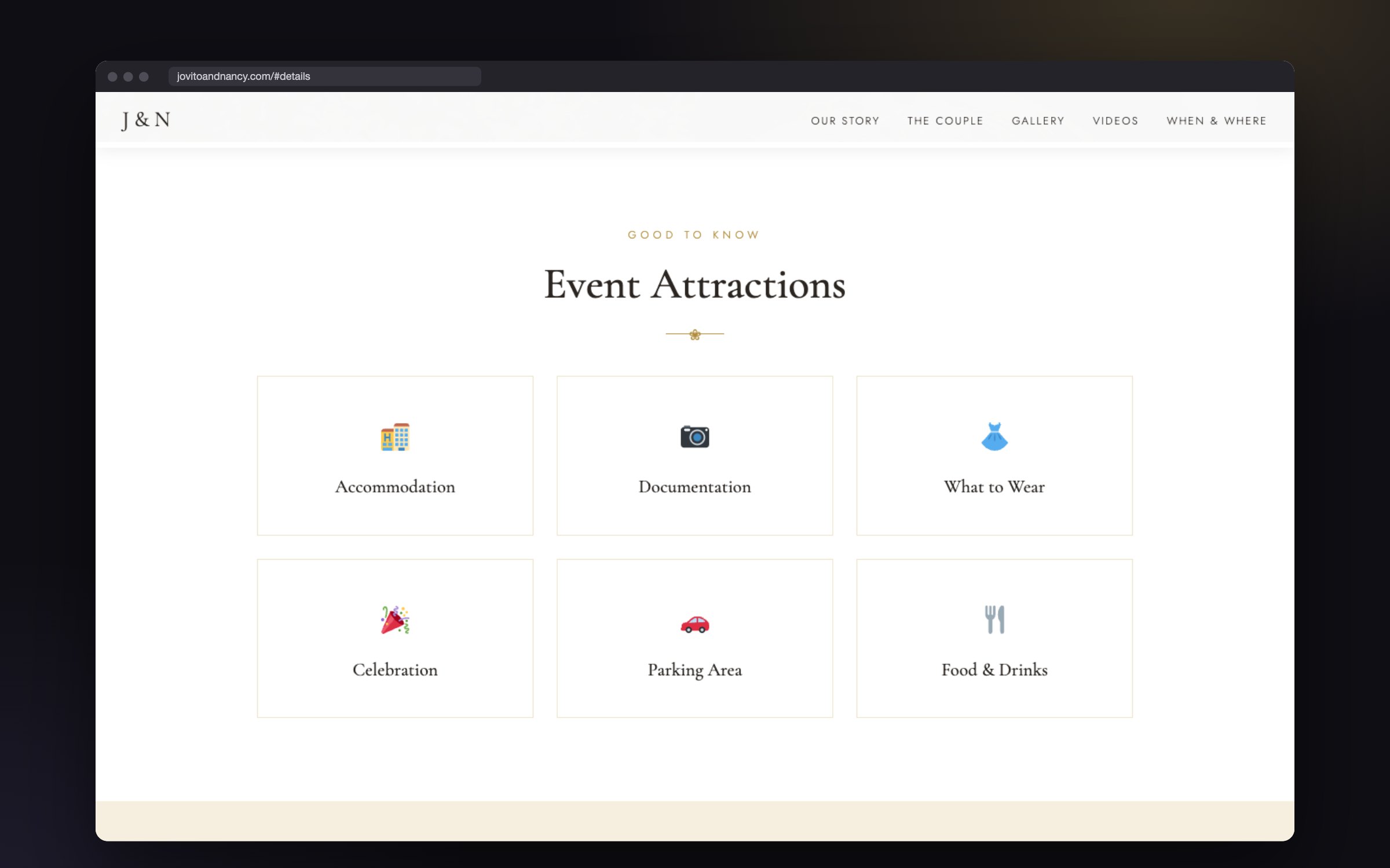 Event Attractions section of the Jovito and Nancy website with cards for accommodation, documentation, what to wear, celebration, parking area, and food and drinks
