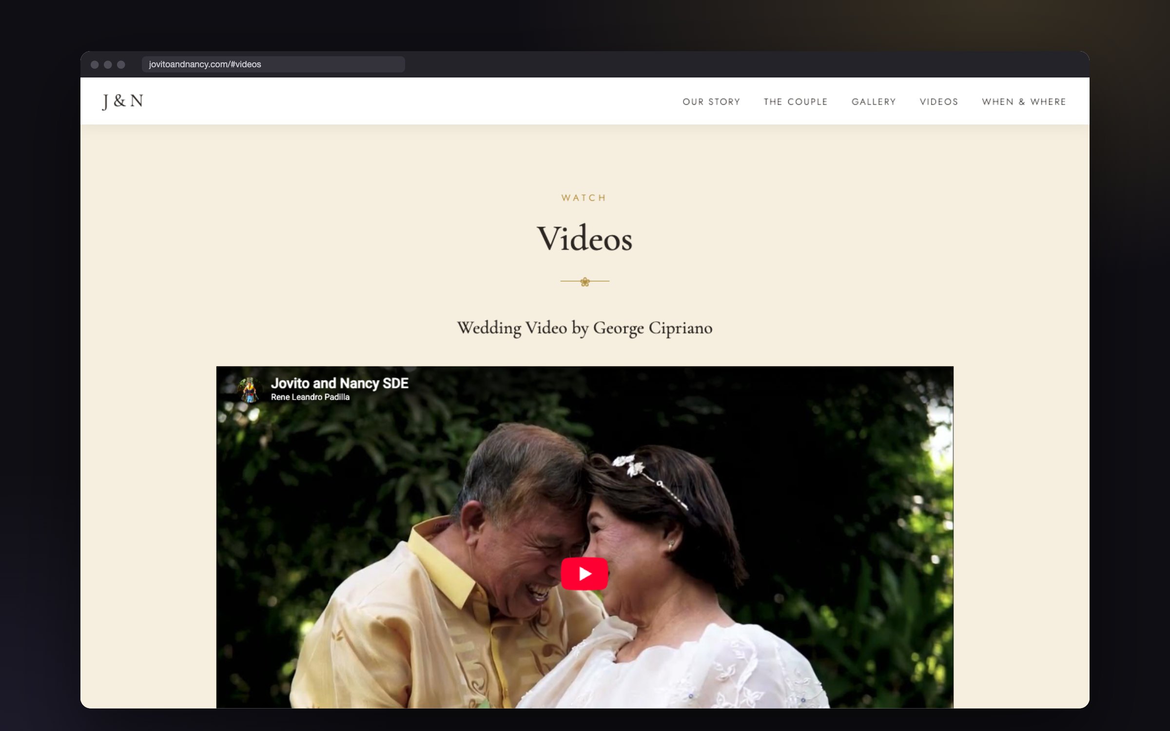 Videos section of the Jovito and Nancy website with the embedded same-day edit wedding video showing the couple touching foreheads and laughing