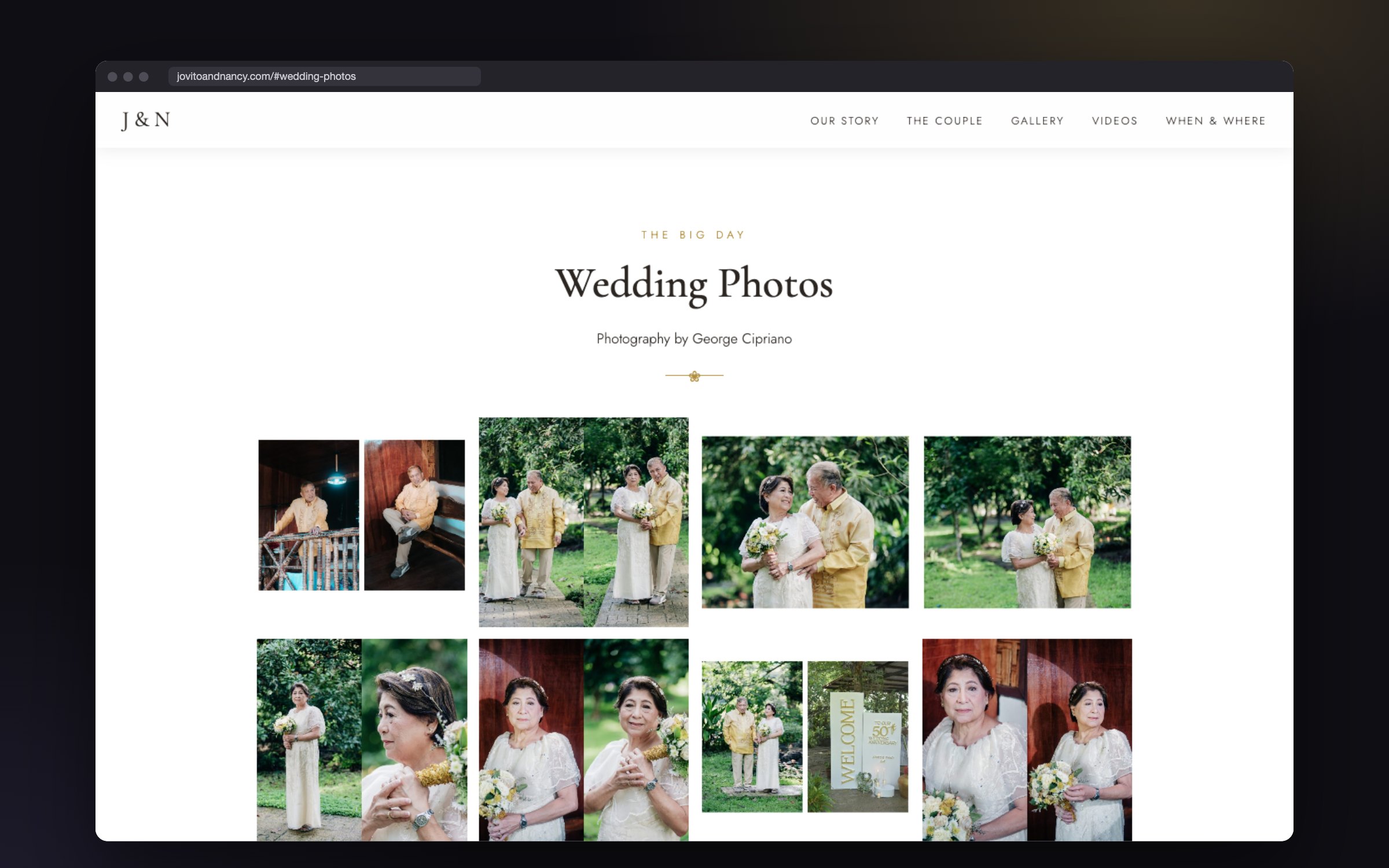 Wedding Photos section of the Jovito and Nancy website with a grid of photos of the couple in Filipiniana attire, photography by George Cipriano