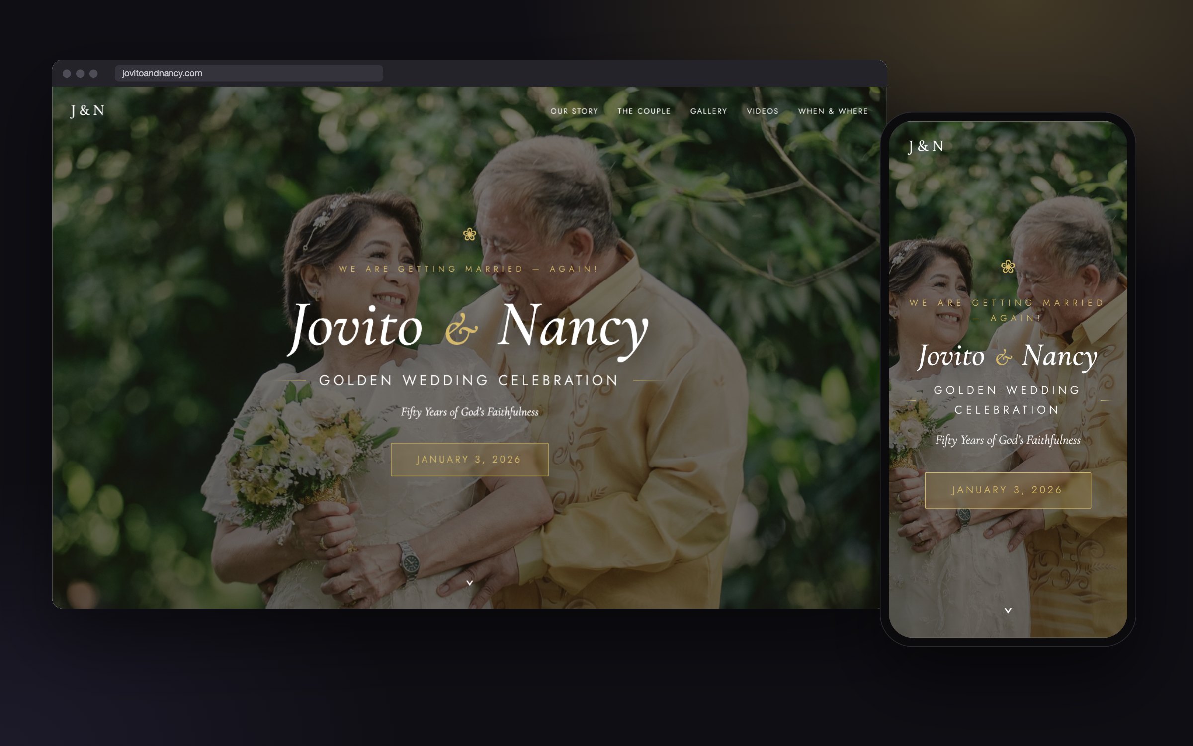 Jovito and Nancy golden wedding celebration website on a desktop browser and a phone, with a full-screen photo of the couple and the words We Are Getting Married Again, January 3, 2026