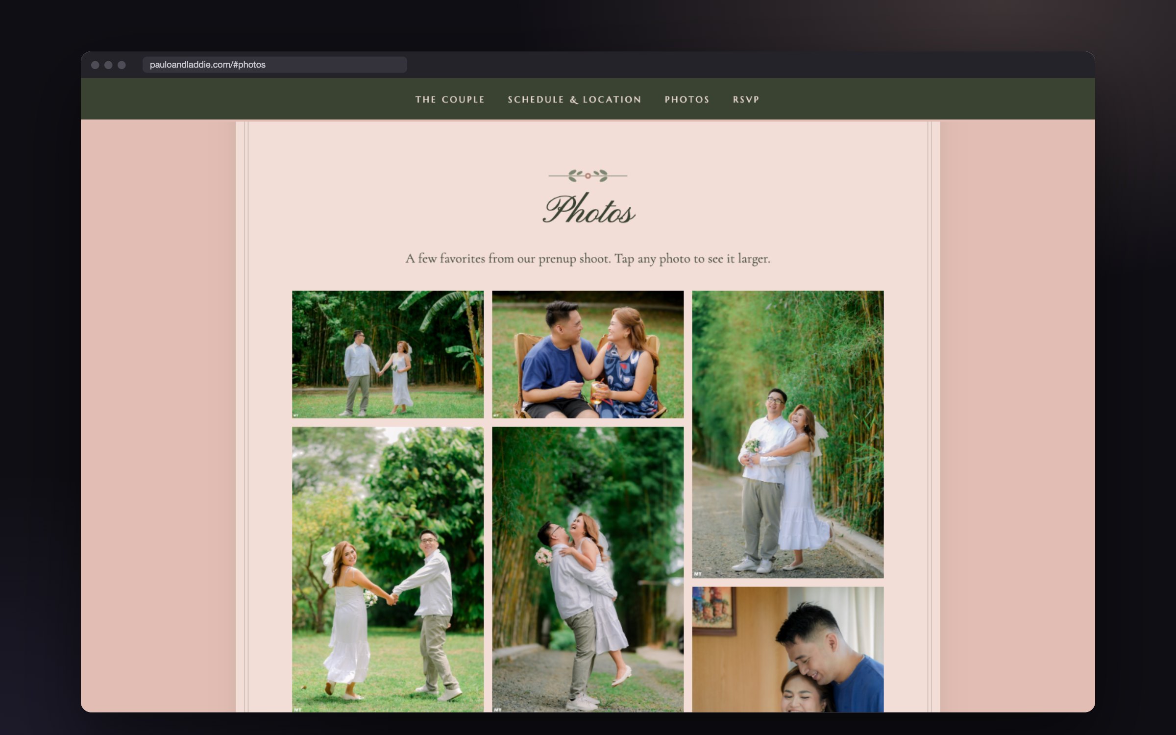 Photos section of the Paulo and Laddie wedding website with a grid of outdoor prenup photos of the couple