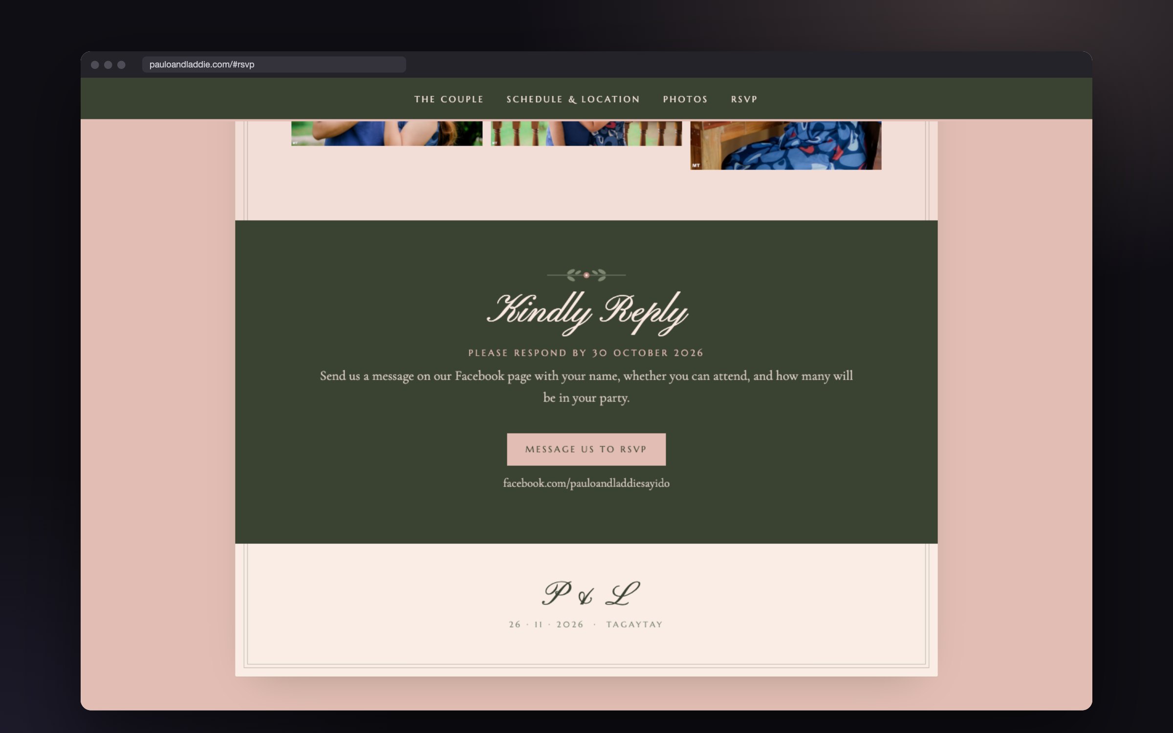 Kindly Reply section of the Paulo and Laddie wedding website asking guests to respond by 30 October 2026 through the couple's Facebook page