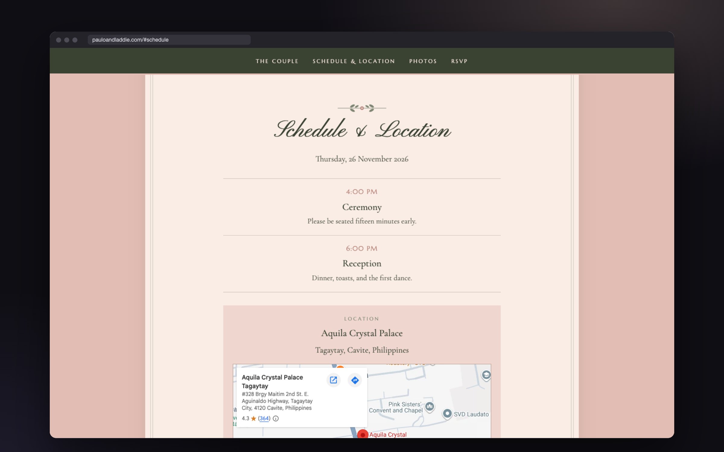 Schedule and Location section of the Paulo and Laddie wedding website showing a 4:00 PM ceremony, 6:00 PM reception and an embedded Google Map of Aquila Crystal Palace, Tagaytay