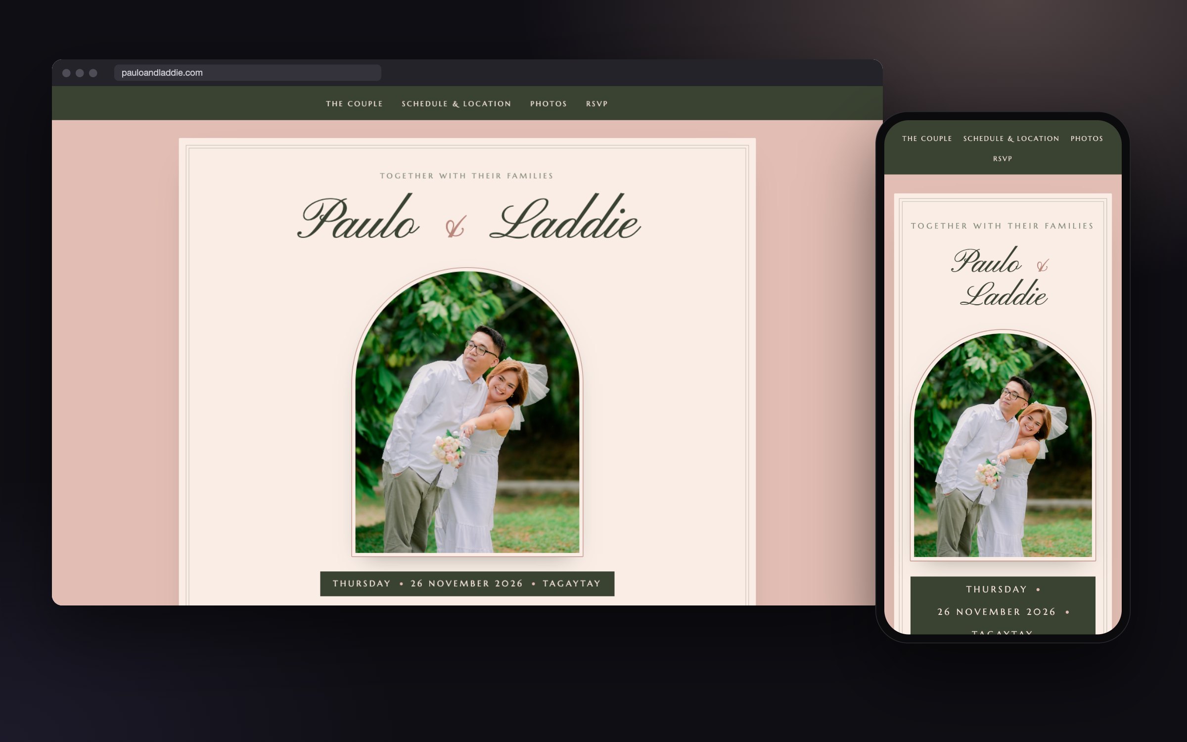 Paulo and Laddie wedding website shown on a desktop browser and a phone, with a script-font title, an arched prenup photo and the date Thursday 26 November 2026 in Tagaytay